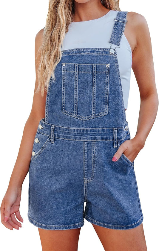 luvamia Jean Short Overalls for Women Baggy Adjustable Straps Bib Stretchy Denim Overall Jumpsuits Shortalls with Pockets