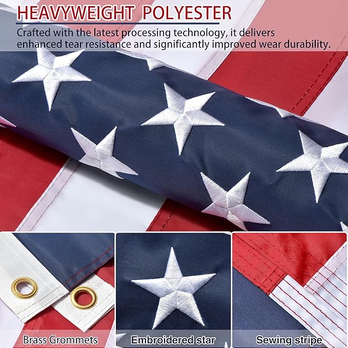 American Flags for Outside 3x5 FT- Heavy Duty US Flag USA Flag with Embroidered Stars, Sewn Stripes & Brass Grommets, Weather-Resistant, 4th of July Decorations