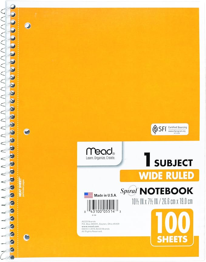 Mead Spiral Notebook, 1 Subject, Wide Ruled Paper, 100 Sheets, 10-12" x 8", Color Selected For You, 1 Count (05514) (Pack of 2)