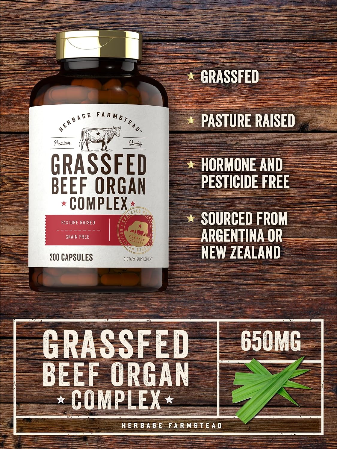 Carlyle Grass Fed Beef Organ Complex | 200 Capsules | Pasture Raised, Grain Free Supplement | with Desiccated Liver, Kidney, Pancreas, Heart, Spleen | Non-GMO, Gluten Free | by Herbage Farmstead (Sealed product, but the bottle has dents)