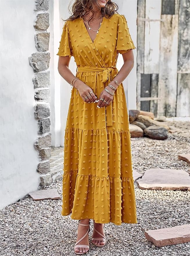 MASCOMODA Womens Summer Swiss Dot Maxi Dressses Wrap V Neck Flutter Short Sleeve Boho Casual Flowy Long Wedding Guest Dress