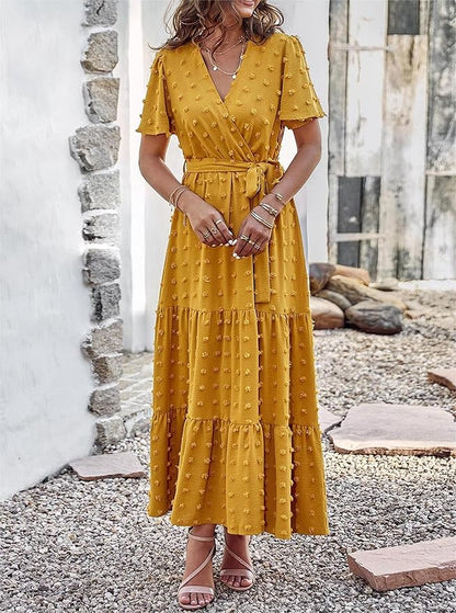 MASCOMODA Womens Summer Swiss Dot Maxi Dressses Wrap V Neck Flutter Short Sleeve Boho Casual Flowy Long Wedding Guest Dress