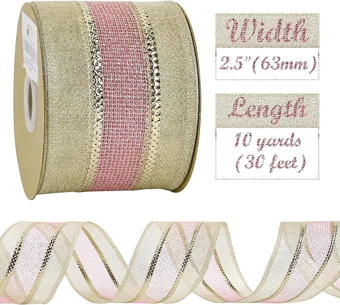 HUIHUANG Pink and Gold Christmas Ribbon 2.5 inch Metallic Gold with Pink Glitter Mesh Wired Ribbon for Christmas Tree Decorations, Garlands, Wreaths, Bows, Crafts, Home Decor-Continuous 10 Yards