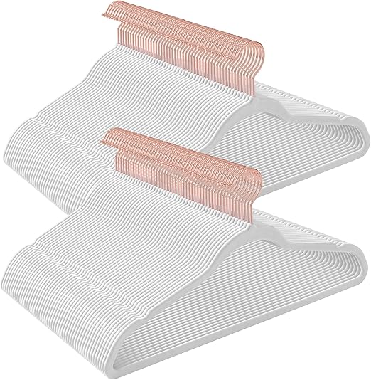 SONGMICS Velvet Hangers 100 Pack, Non-Slip Hangers with Rose Gold-Colored Swivel Hooks, Slim Space-Saving Hangers, Velvet Hangers for Closet, Heavy-Duty Hangers, White UCRF026W100