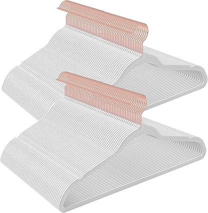SONGMICS Velvet Hangers 100 Pack, Non-Slip Hangers with Rose Gold-Colored Swivel Hooks, Slim Space-Saving Hangers, Velvet Hangers for Closet, Heavy-Duty Hangers, White UCRF026W100
