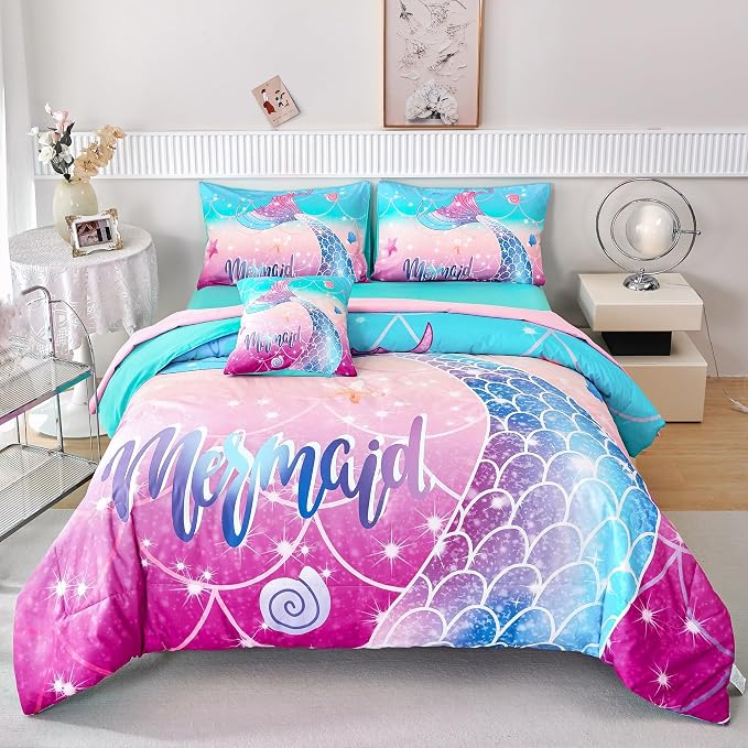Kids Girls Comforter Set 6Pcs, Mermaid Bed in a Bag Queen Size, Fish Tail Print Teens Girls Bedding Set, Rainbow Bedding Collections