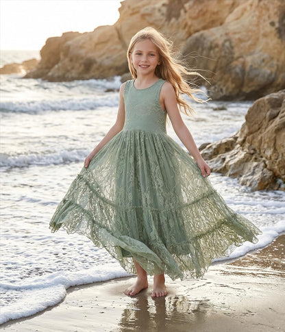 2Bunnies Flower Girl Dress Lace Boho Toddler Dresses Ruffle Girl Dress for Wedding Garden Party Holiday Communion Sleeveless.