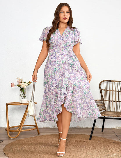 EYWOL Plus Size Wedding Guest Dress for Women, Floral Chiffon Midi Wrap Dress, Flutter Sleeve High Waist Flowy Summer Dresses