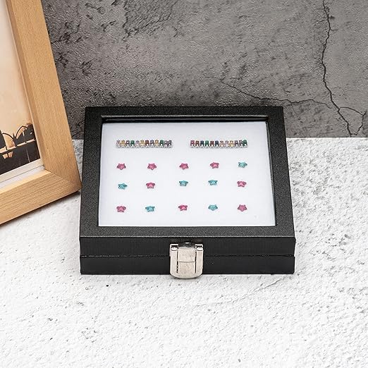 Jewelry Display Case Tempered Glass Top Lid Black Leatherette,Gemstone Display Case Jewelry Storage Box with Metal Clasp (Medium)