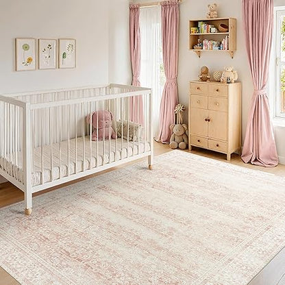 Light Pink Bedroom Rugs 6x9 Aesthetic Cute Boho Floral Feminine Soft Faux Wool Machine Washable Carpet Area Rugs for Kids Room Playroom Office