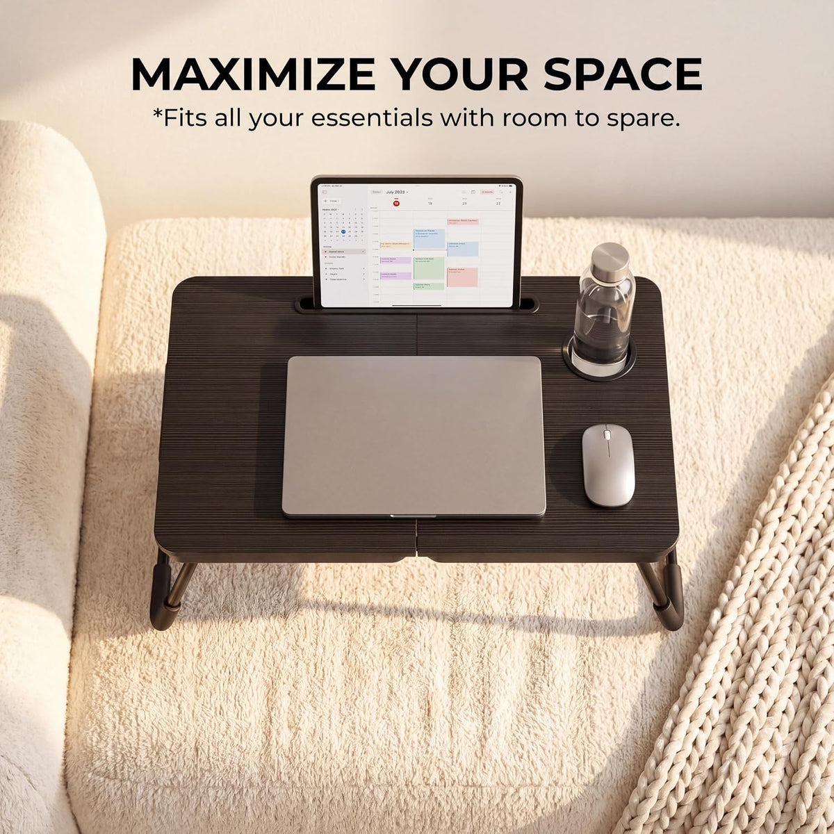 23.4" Foldable Lap Desk Bed Table with Cup Holder Tray Black Portable Folds Flat for Easy Storage, No Assembly Laptop Bed Desk, Sturdy and Lightweight, Patent Design ( 4 sports were scratched ) )