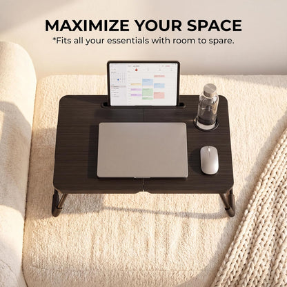 23.4" Foldable Lap Desk Bed Table with Cup Holder Tray Black Portable Folds Flat for Easy Storage, No Assembly Laptop Bed Desk, Sturdy and Lightweight, Patent Design ( 4 sports were scratched ) )