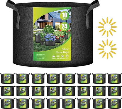 iPower 24-Pack 10 Gallon Grow Bags Heavy Duty Thickened Aeration Nonwoven Fabric Pots with Nylon Handles and 24 Labels, for Planting Vegetables, Fruits, Flowers, Black