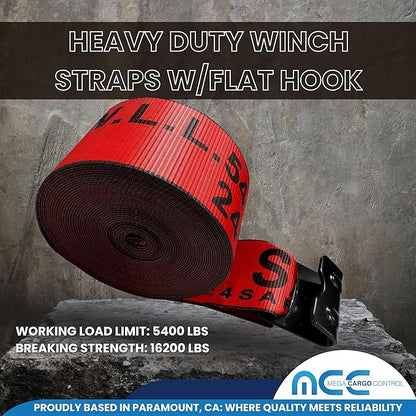4" x 30' Heavy Duty Winch Straps w/Flat Hook - Pack of 1, Red Tie Downs for Flat Bed, Truck, Farm, Utility Trailers (5400 LBS WLL)