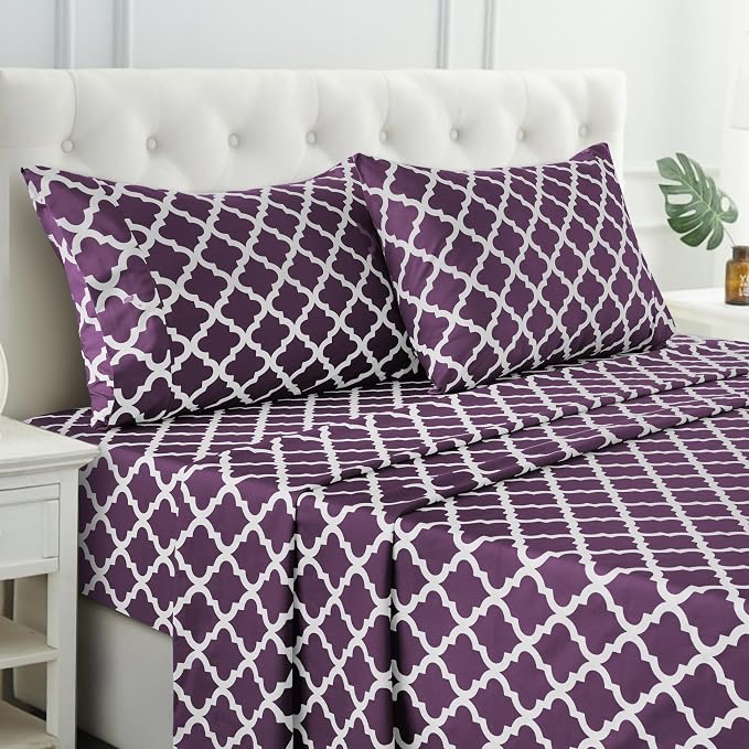 LUX Décor Quatrefoil Full Sheet Set - 4 Piece Ultra-Soft Microfiber Bed Sheets with Flat Sheet, 16 Inches Deep Pocket Fitted Sheet & Pillowcases, Breathable, Bedroom Decor, Oeko-TEX - Purple