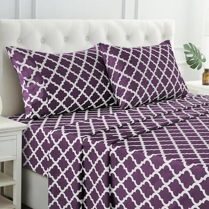 LUX Décor Quatrefoil Full Sheet Set - 4 Piece Ultra-Soft Microfiber Bed Sheets with Flat Sheet, 16 Inches Deep Pocket Fitted Sheet & Pillowcases, Breathable, Bedroom Decor, Oeko-TEX - Purple
