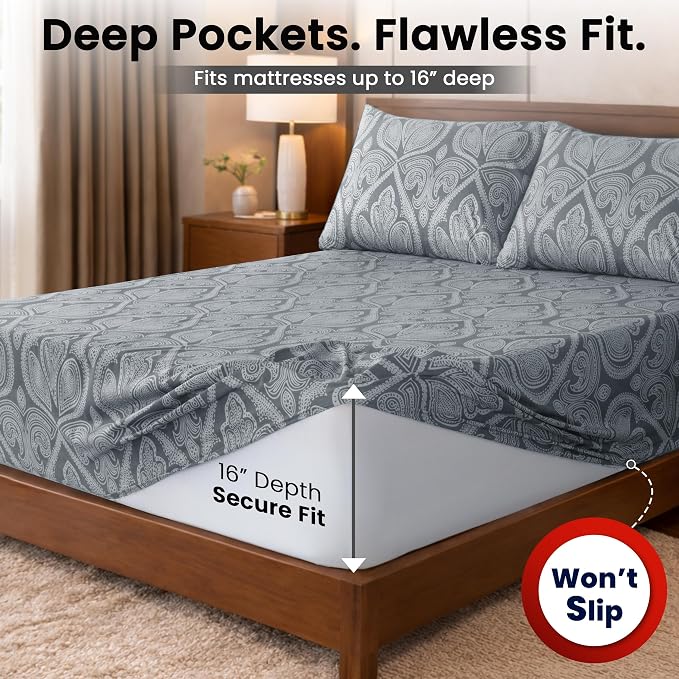 Ultra Soft Wrinkle-Free Microfiber Paisley Queen Sheet Set, Cute Floral Pattern Boho Print – 16" Deep Pocket Fitted Sheet, Flat Sheet & 4 Pillowcases, Breathable, OEKO-TEX - Grey