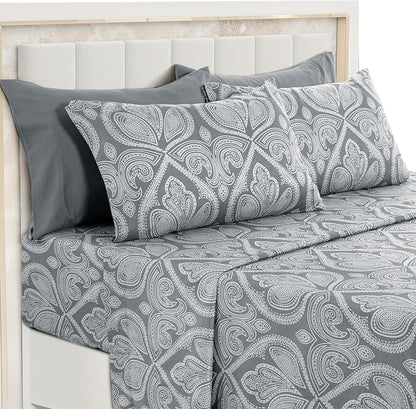 Ultra Soft Wrinkle-Free Microfiber Paisley Queen Sheet Set, Cute Floral Pattern Boho Print – 16" Deep Pocket Fitted Sheet, Flat Sheet & 4 Pillowcases, Breathable, OEKO-TEX - Grey