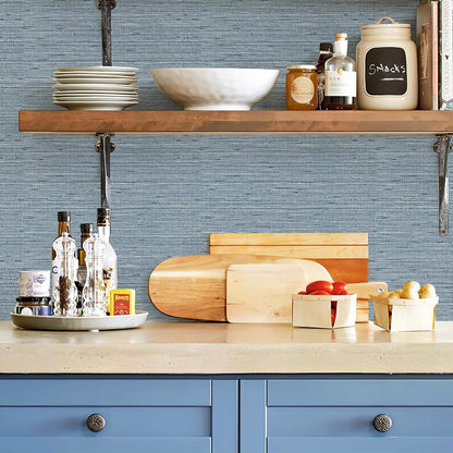 Grasscloth Peel and Stick Wallpaper 17.3" x 197" Blue Textured Grasscloth Wall Paper Renter Friendly Wallpaper Self Adhesive Removable for Bathroom Bedroom