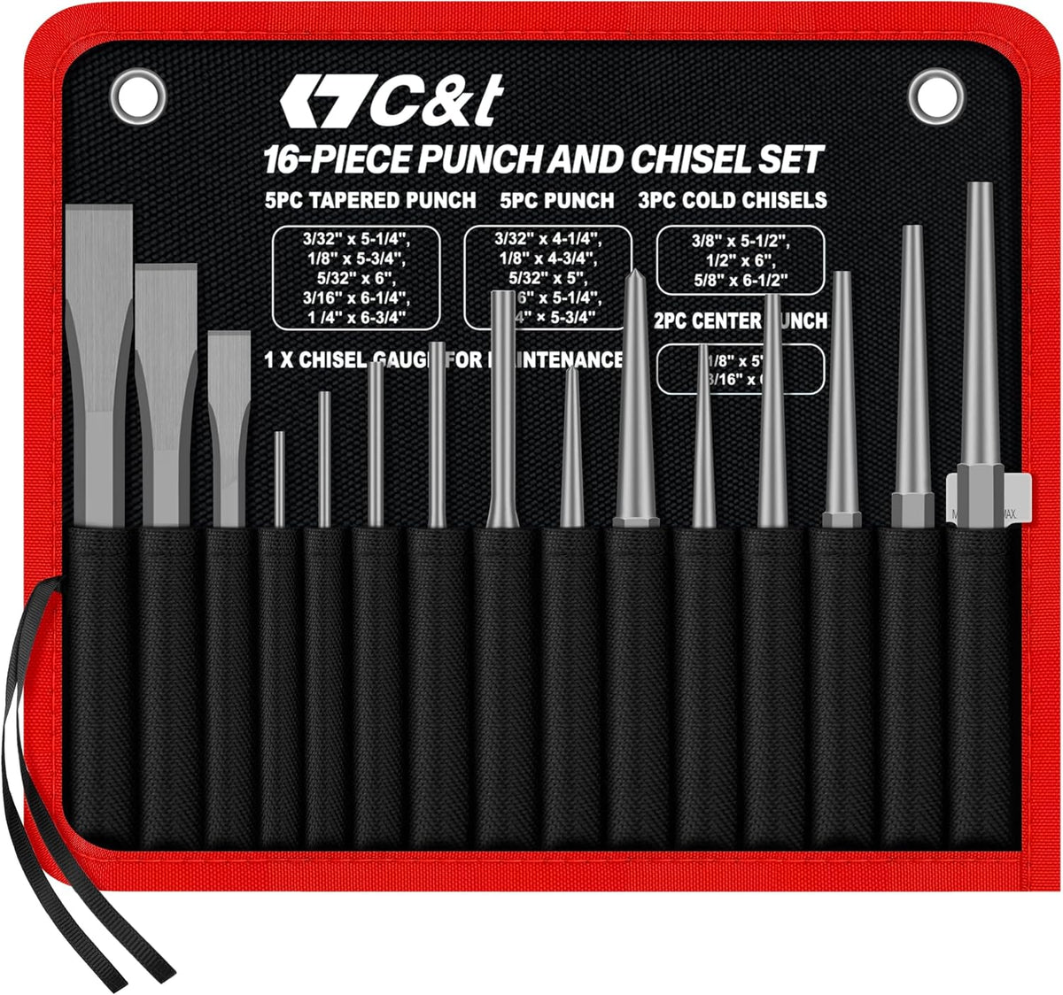 C&T 16-Piece Punch and Chisel Set with Storage Pouch, Including Taper Punch, Cold Chisels, Pin, Center Punch, Chrome Vanadium Steel