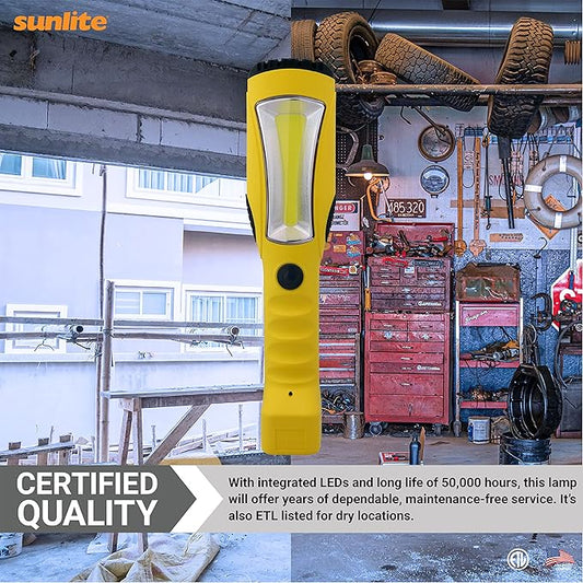 Sunlite 88179 LED Portable Work Light Fixture, 15 Power Cord, 12 Watts, 6200K Daylight, 1200 Lumens, Built-in Outlet, ETL Listed, Yellow, for Construction, Work Sites  Garage Use