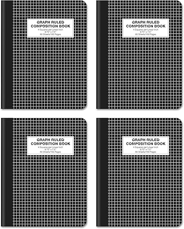 Better Office Products Quad Ruled Composition Book Notebook, 4 Pack, Hardcover 4x4 Graph Ruled Paper, 80 Sheets, 9.75" x 7.5", Black Cover, 4 Pack