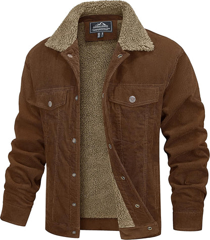Men's Corduroy Jacket Winter Sherpa Lined Warm Thick Trucker Cargo Coat with 5 Pockets