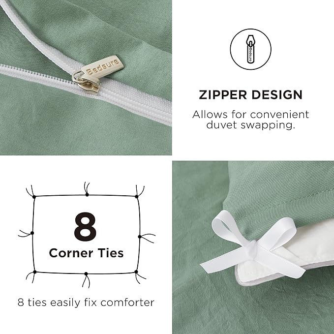 Bedsure Duvet Cover Queen Size with Fitted Sheet - 4 Pieces Prewashed Extra Soft Bedding Set, Includes 1 Duvet Cover 90x90 Inches with Zipper Closure, 2 Pillow Shams, 1 Fitted Sheet, Sage Green