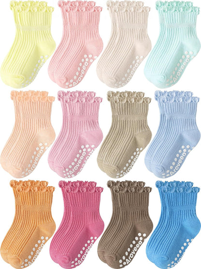 Baby Toddler Girls Socks Grip Ruffle Non Slip Girls Cotton 12 Pack Socks for Kids Cute Ankle 6M-7Years