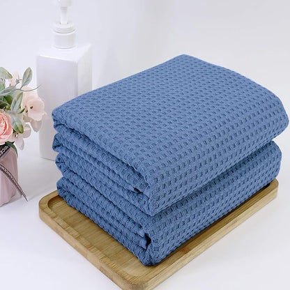 POLYTE Microfiber Oversize Quick Dry Lint Free Bath Towel, 60 x 30 in, Set of 2 (Blue, Waffle Weave)