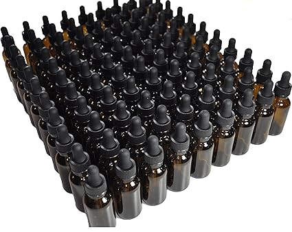 DropperStopTM 1oz Amber Glass Dropper Bottles (30mL) with Tapered Glass Droppers - Pack of 99