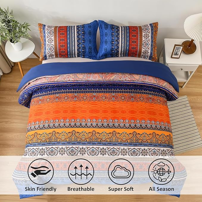Boho Comforter Queen Size, 3 Piece Blue Orange Bohemian Striped Western Comforter Set, Ultra Soft Lightweight Microfiber Boho Hippie Bedding Set with 2 Pillow Shams for All Seasons