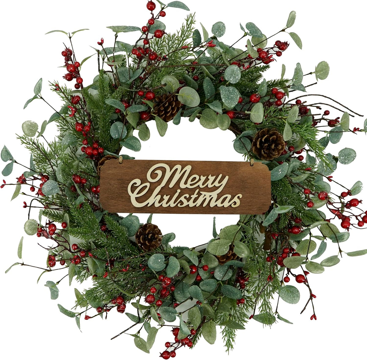 Artificial Christmas Wreath with Non-Sparkling Leaves and Pine Needles are paired with Plump Pine and red Berries,Wreath for Indoor Wall Window Decor.