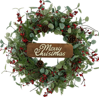Artificial Christmas Wreath with Non-Sparkling Leaves and Pine Needles are paired with Plump Pine and red Berries,Wreath for Indoor Wall Window Decor.
