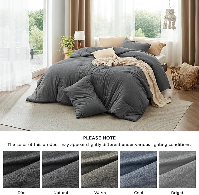 Bedsure Comforter Set Queen Size Dark Grey - Cotton Fabric with Microfiber Inner Fill, Queen Comforter Set for All Seasons, 3 Pieces, 1 Comforter (90"x90") and 2 Pillow Cases (20"x26")