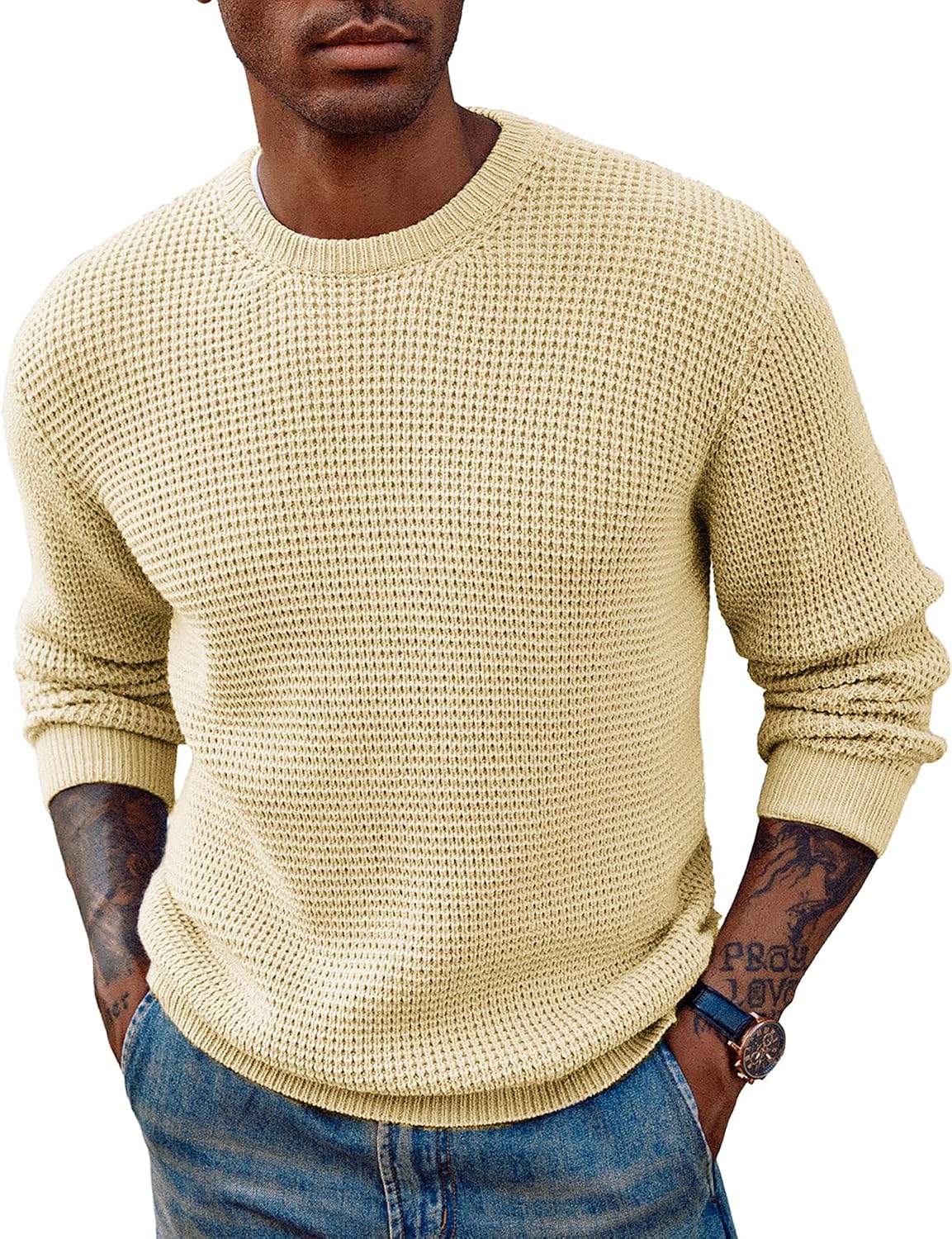 PJ PAUL JONES Mens Pullover Sweater Waffle Textured Long Sleeve Knitted Sweaters