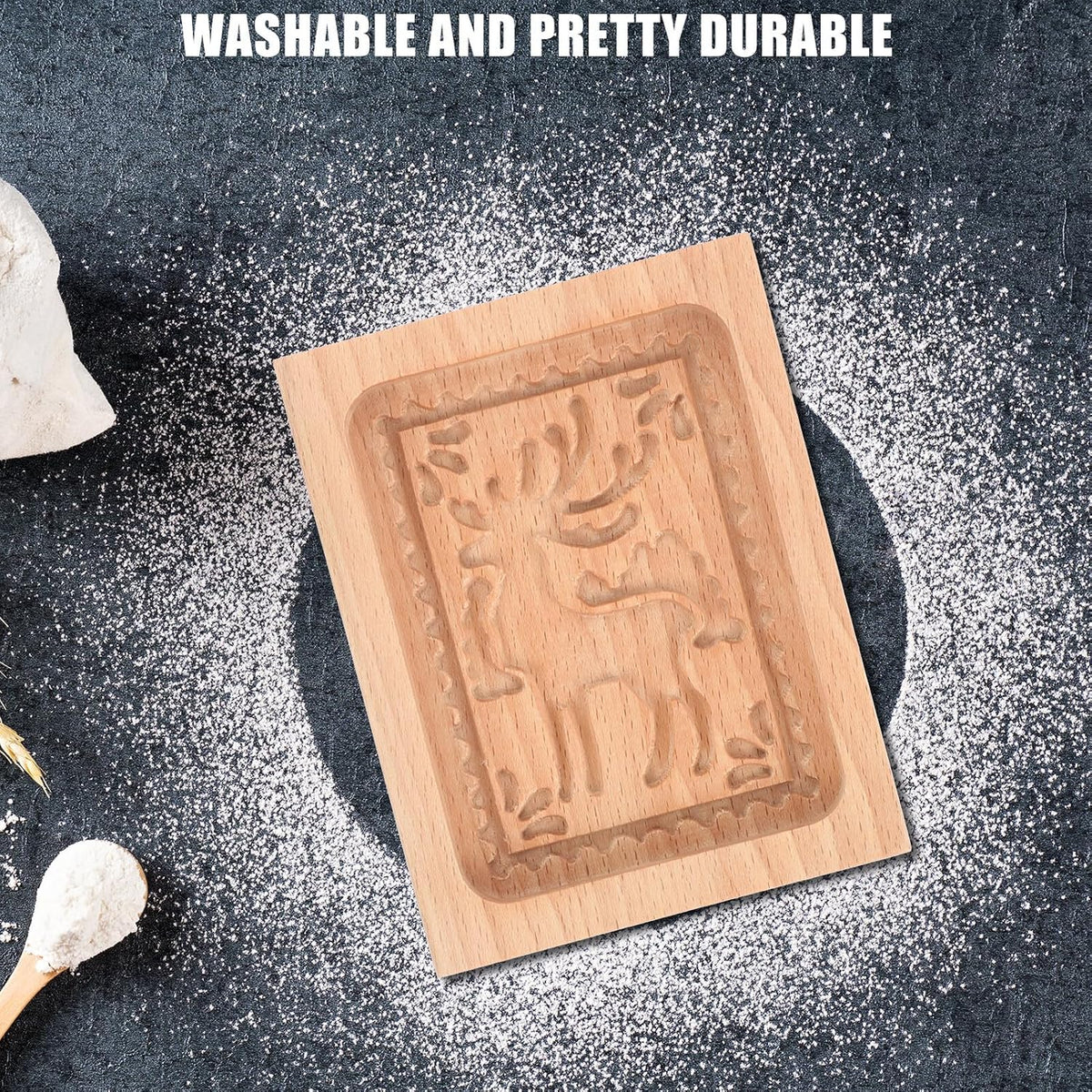 MAGICLULU Wooden Cookie Cutter and Press Mold with Deer Pattern, Beech Wood Biscuit Stamp for Home Baking, Carved Cookie Mold for Christmas and Holiday Pastry Decorating