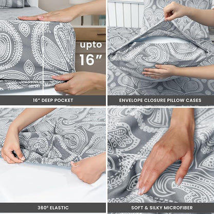 Ultra Soft Wrinkle-Free Microfiber Paisley Queen Sheet Set, Cute Floral Pattern Boho Print – 16" Deep Pocket Fitted Sheet, Flat Sheet & 4 Pillowcases, Breathable, OEKO-TEX - Grey