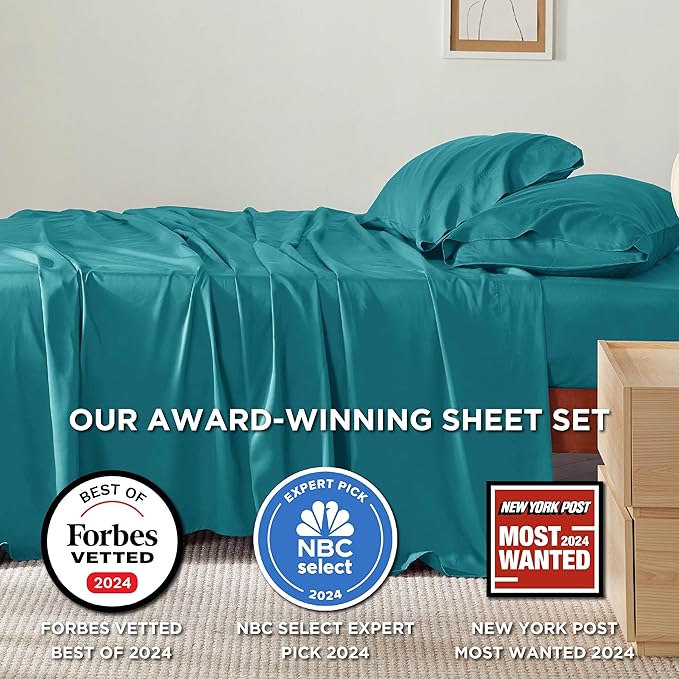 Bedsure Queen Sheet Set, Cooling Sheets for Queen Size Bed Set, Rayon Derived from Bamboo, Breathable  Soft Deep Pocket Up to 16 Inches, Hotel Luxury Silky Bedding, Bedsheet  Pillowcases, Turquoise
