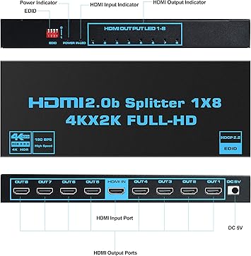 1x8 HDMI Splitter with EDID, avedio Links 4K60Hz HDMI2.0b Splitter 1 in 8 Out Audio Video Distributor Box with Power Adapter, Support 3D HDCP2.2, RGB8:8:8, 18.5Gbps for PS5, Fire Stick