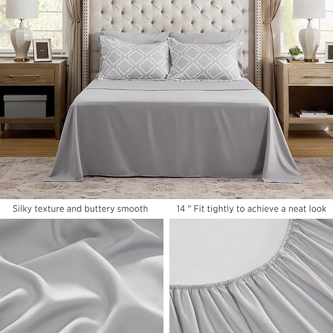 Bedsure Queen Comforter Set 7 Pieces - Grey Quatrefoil Comforters Queen Size, Lightweight Bedding Sets for All Season, Bed in a Bag with Comforters, Sheets, Pillowcases  Shams