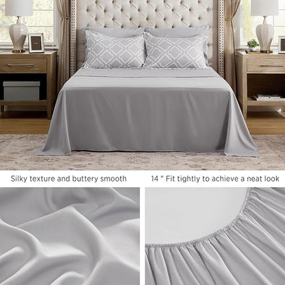 Bedsure Queen Comforter Set 7 Pieces - Grey Quatrefoil Comforters Queen Size, Lightweight Bedding Sets for All Season, Bed in a Bag with Comforters, Sheets, Pillowcases  Shams