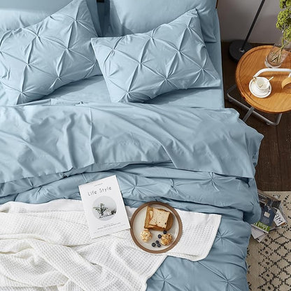 Bedsure King Size Comforter Set Light Blue - Bed in a Bag King Size 7 Pieces, GentleSoftTM Pintuck Bed Set Gift for Family, Pinch Pleat Light Blue Comforter with Sheets, Pillowcases  Shams