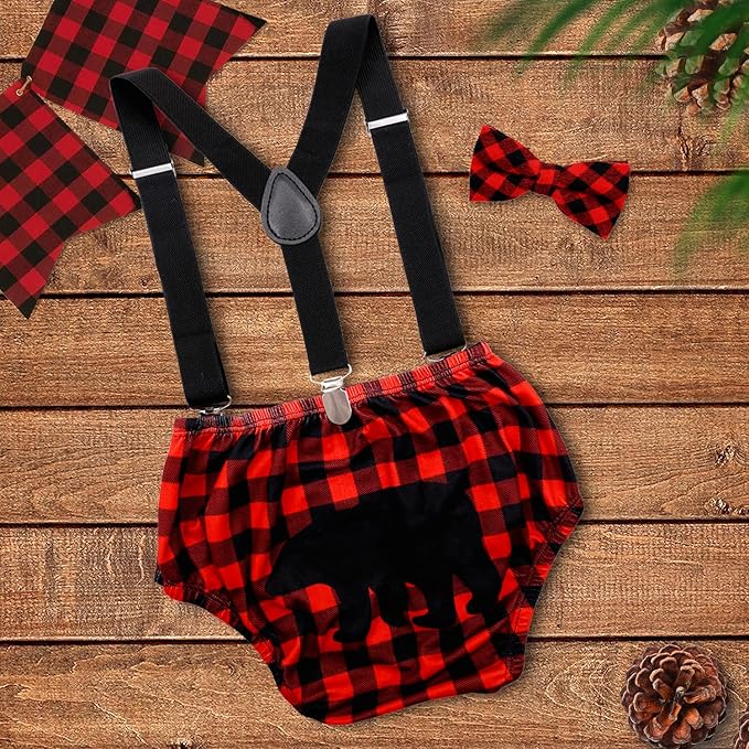 Lumberjack Cake Smash Outfit for Baby Boys Wild One Birthday Party,Diaper Cover Bloomer Bow Tie Suspenders Boys 1st Birthday Buffalo Plaid Milestone Photoshoot Supplies