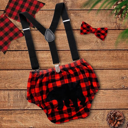 Lumberjack Cake Smash Outfit for Baby Boys Wild One Birthday Party,Diaper Cover Bloomer Bow Tie Suspenders Boys 1st Birthday Buffalo Plaid Milestone Photoshoot Supplies