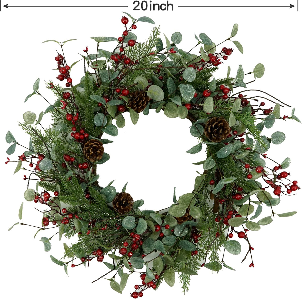 Artificial Christmas Wreath with Non-Sparkling Leaves and Pine Needles are paired with Plump Pine and red Berries,Wreath for Indoor Wall Window Decor.