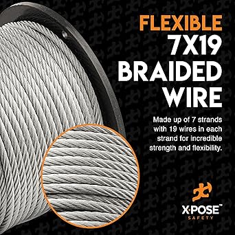 Xpose Safety 7 x 19 Galvanized Steel Aircraft Cable Wire - 14 - 250' Reel - 7,000 lb Break Strength Rope for Pulley System or Winch Loop - Marine Wire, CableDeck Railing, Fencing, Zipline -