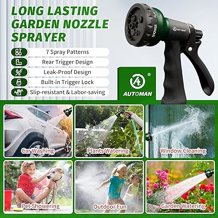 AUTOMAN Garden Hose Nozzle, Water Sprayer Nozzle with 7 Adjustable Watering Patterns,Slip Resistant Nozzle for Plants,Lawn,Washing Cars,Window Cleaning,Showering Pets  Outdoor Fun.