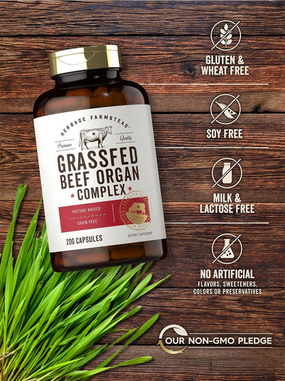 Carlyle Grass Fed Beef Organ Complex | 200 Capsules | Pasture Raised, Grain Free Supplement | with Desiccated Liver, Kidney, Pancreas, Heart, Spleen | Non-GMO, Gluten Free | by Herbage Farmstead (Sealed product, but the bottle has dents)