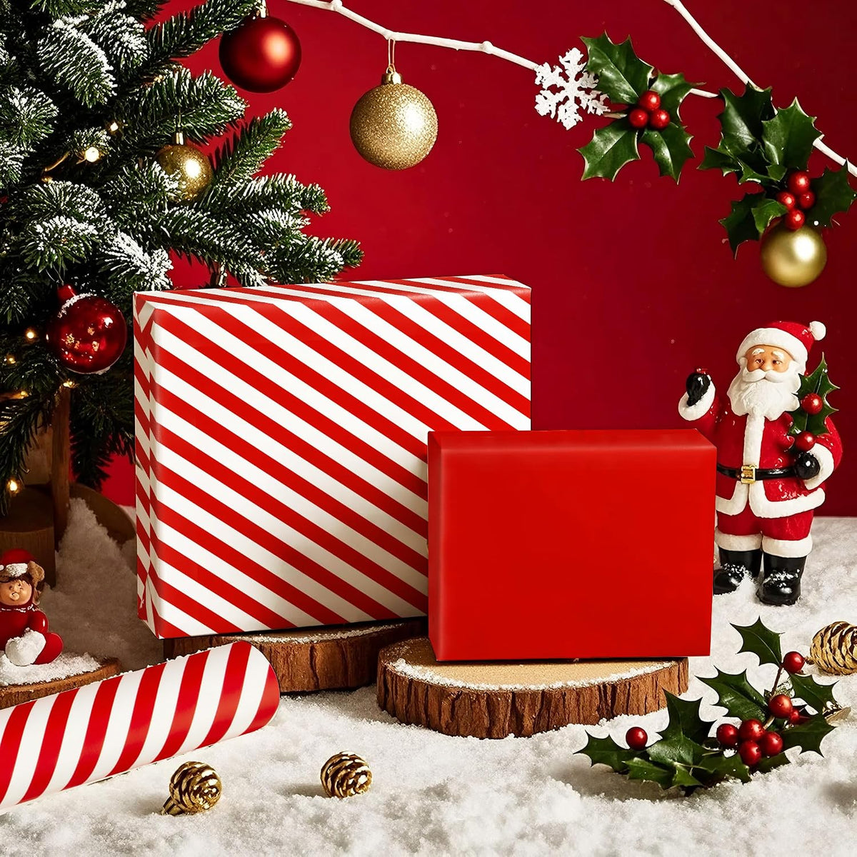 WRAPAHOLIC 30 Inch Reversible Wrapping Paper - Jumbo Roll Red and Stripes Design for Birthday, Holiday, Wedding, Baby Shower Wrap - 30 inch x 33 feet